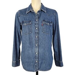 Levi's Women's Western Denim Shirt Pearl Snap Classic Fit Cowgirl Blue Large